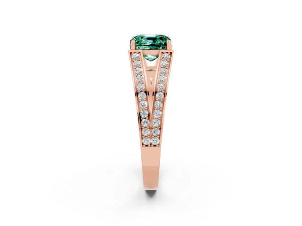 Rose gold Cushion Cut Green Sapphire Split Shank Ring with Pavé Band and Four-Prong Setting