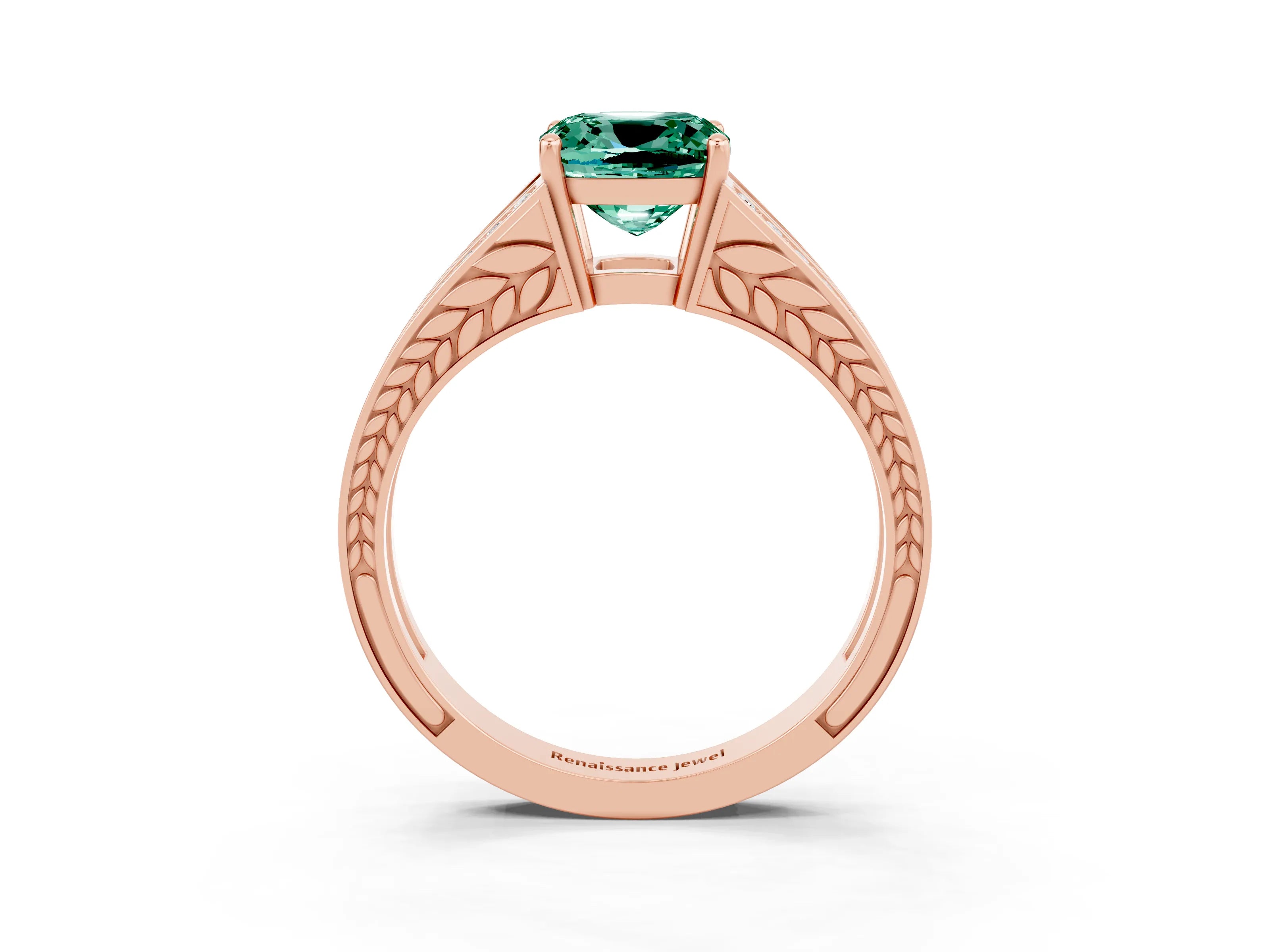 Rose gold Cushion Cut Green Sapphire Split Shank Ring with Pavé Band and Four-Prong Setting_3