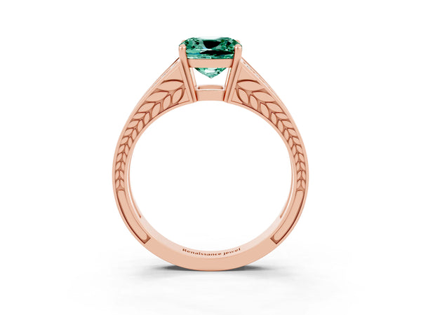 Rose gold Cushion Cut Green Sapphire Split Shank Ring with Pavé Band and Four-Prong Setting