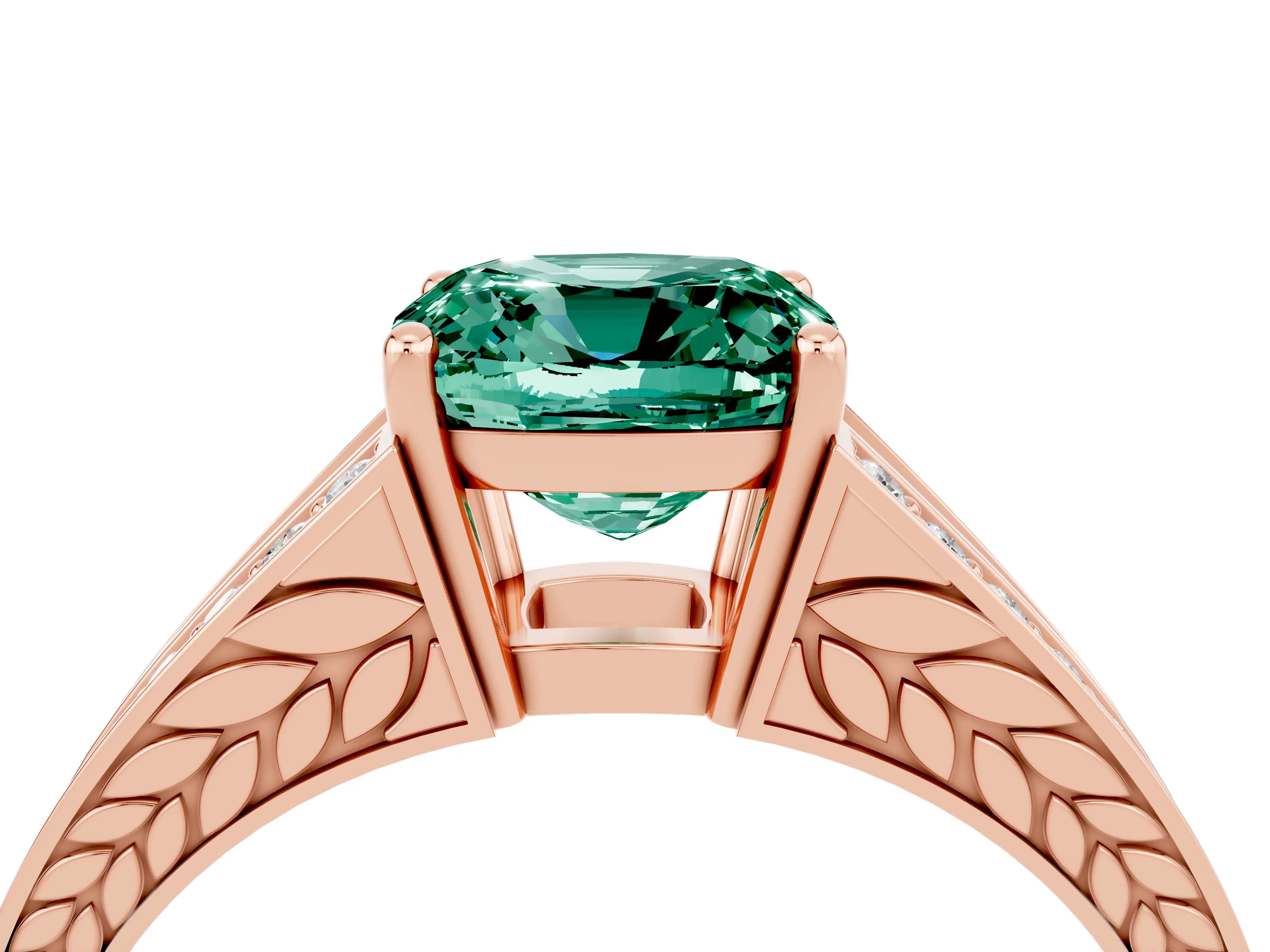 Rose gold Cushion Cut Green Sapphire Split Shank Ring with Pavé Band and Four-Prong Setting_4