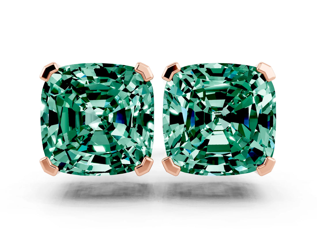 Rose gold Cushion Cut Green Sapphire Stud Earrings_36