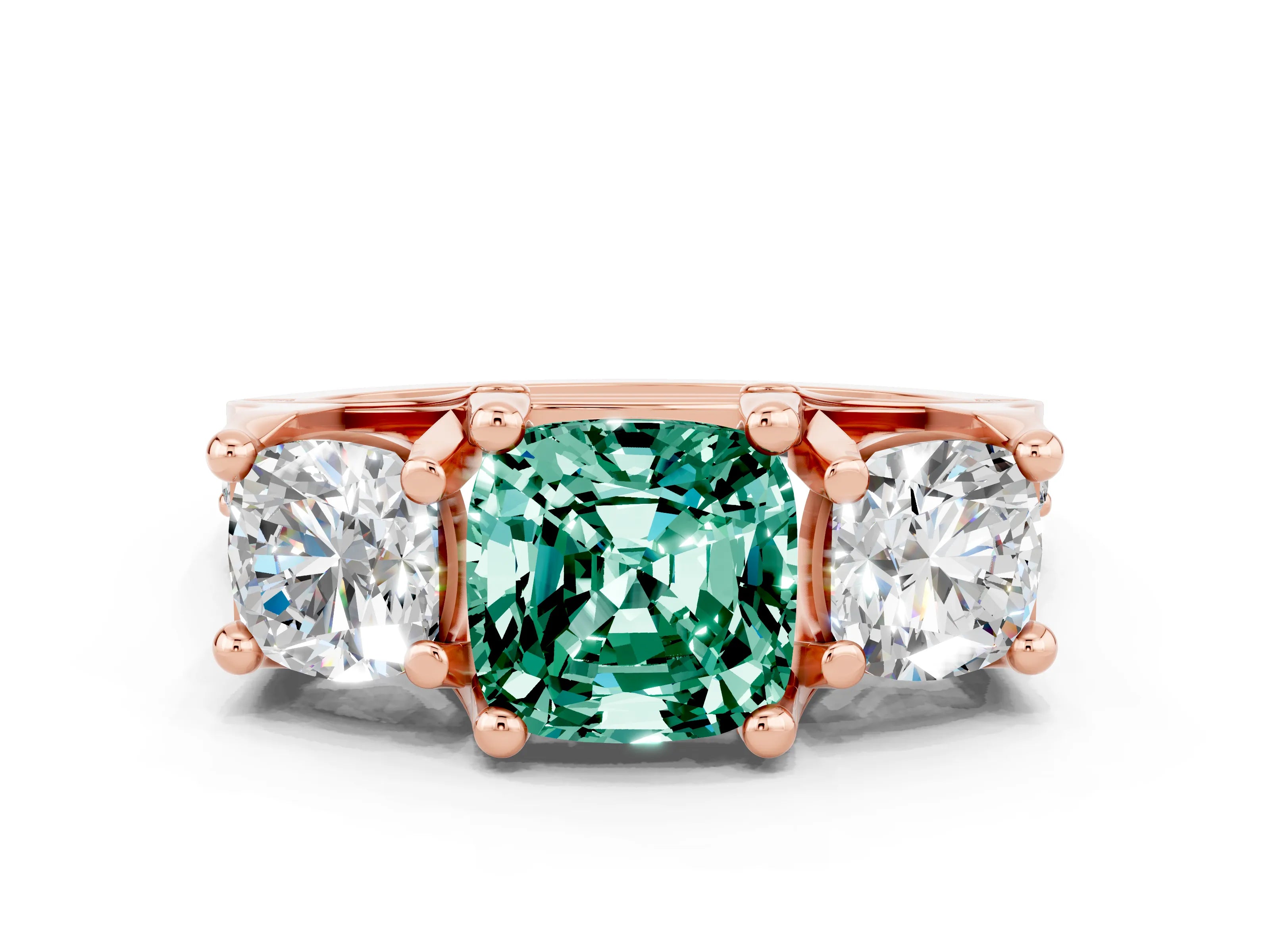 Rose gold Cushion Cut Green Sapphire Three-Stone Ring with Channel Set Band and Four-Prong Setting