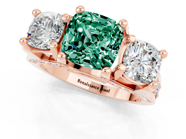Rose gold Cushion Cut Green Sapphire Three-Stone Ring with Channel Set Band and Four-Prong Setting