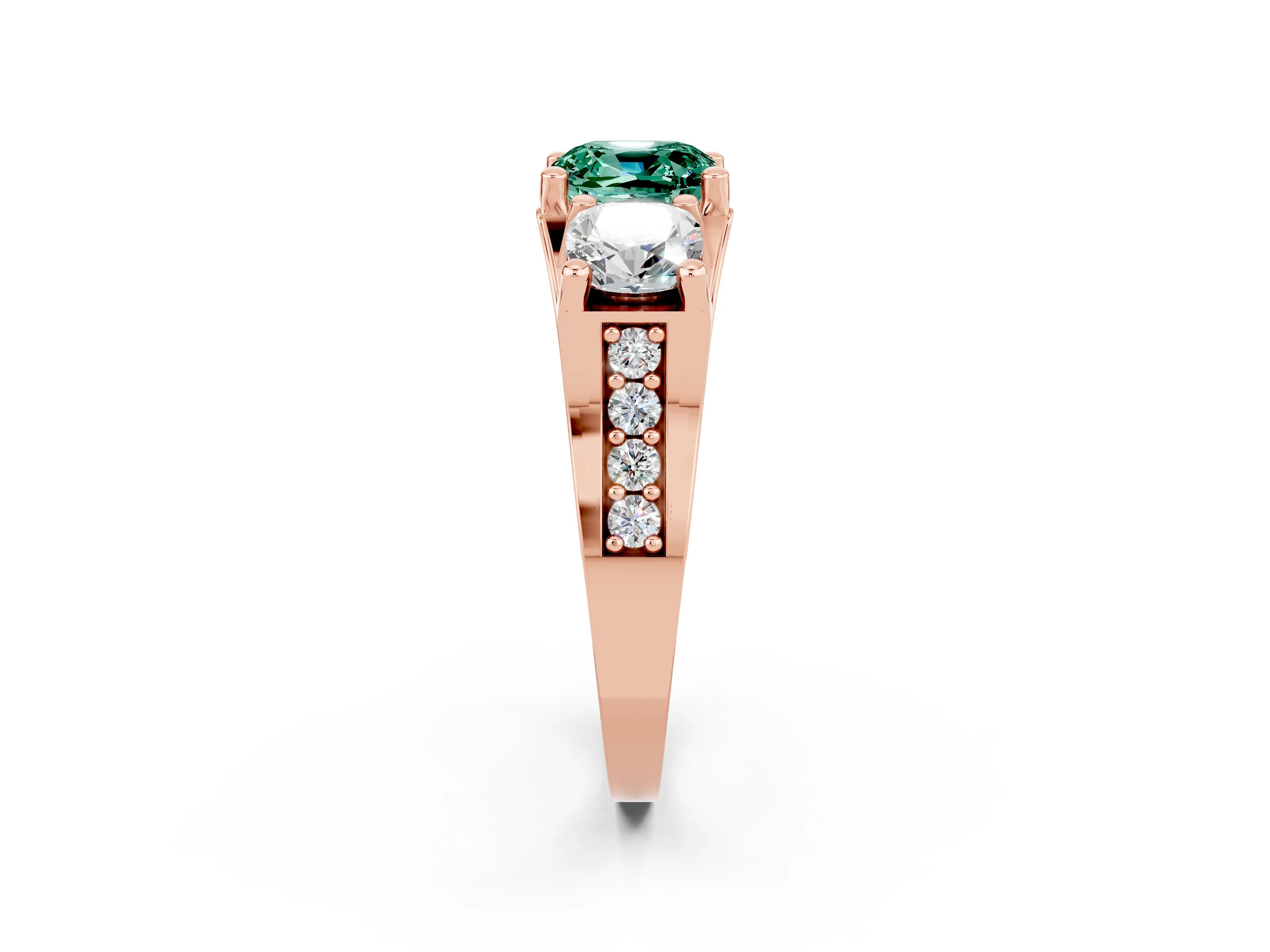 Rose gold Cushion Cut Green Sapphire Three-Stone Ring with Channel Set Band and Four-Prong Setting_2