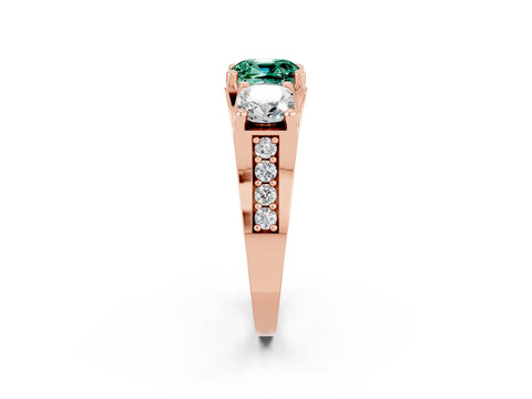 Rose gold Cushion Cut Green Sapphire Three-Stone Ring with Channel Set Band and Four-Prong Setting_2