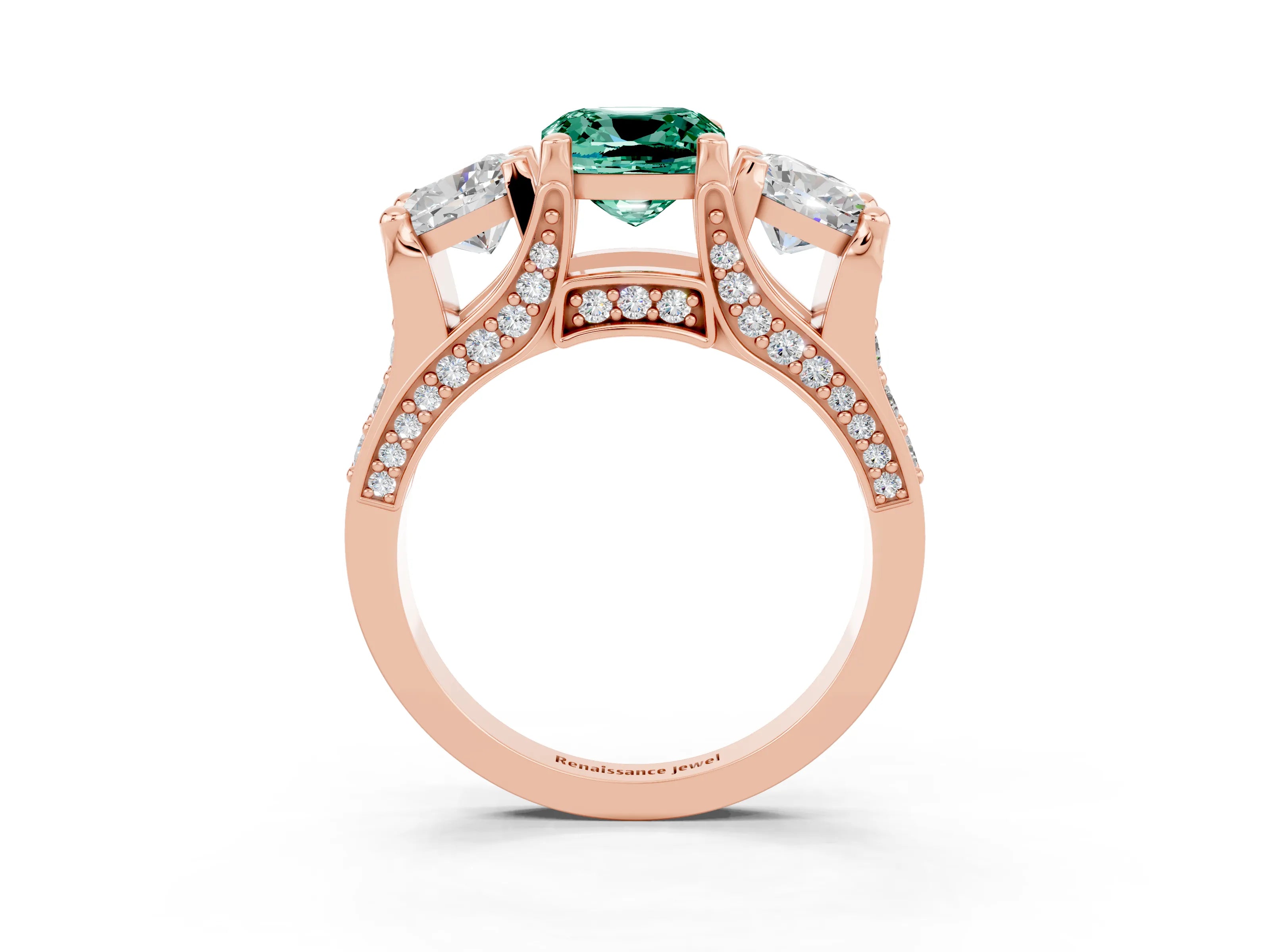 Rose gold Cushion Cut Green Sapphire Three-Stone Ring with Channel Set Band and Four-Prong Setting_3