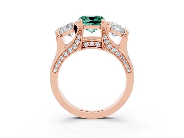 Rose gold Cushion Cut Green Sapphire Three-Stone Ring with Channel Set Band and Four-Prong Setting