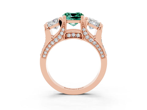 Rose gold Cushion Cut Green Sapphire Three-Stone Ring with Channel Set Band and Four-Prong Setting_3