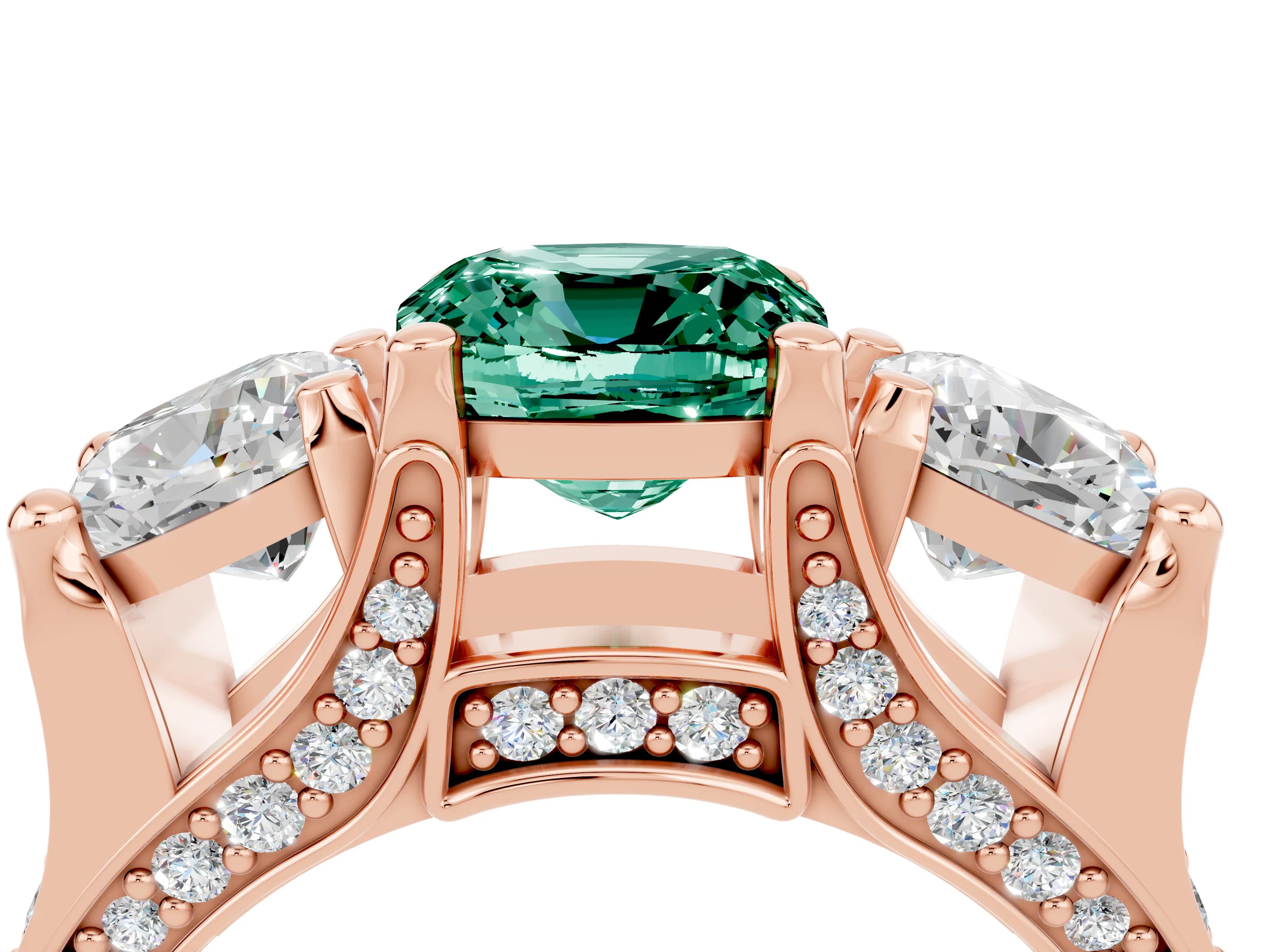 Rose gold Cushion Cut Green Sapphire Three-Stone Ring with Channel Set Band and Four-Prong Setting_4