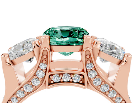 Rose gold Cushion Cut Green Sapphire Three-Stone Ring with Channel Set Band and Four-Prong Setting_4