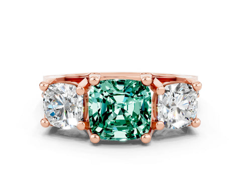 Rose gold Cushion Cut Green Sapphire Three-Stone Ring with Channel Set Band and Four-Prong Setting