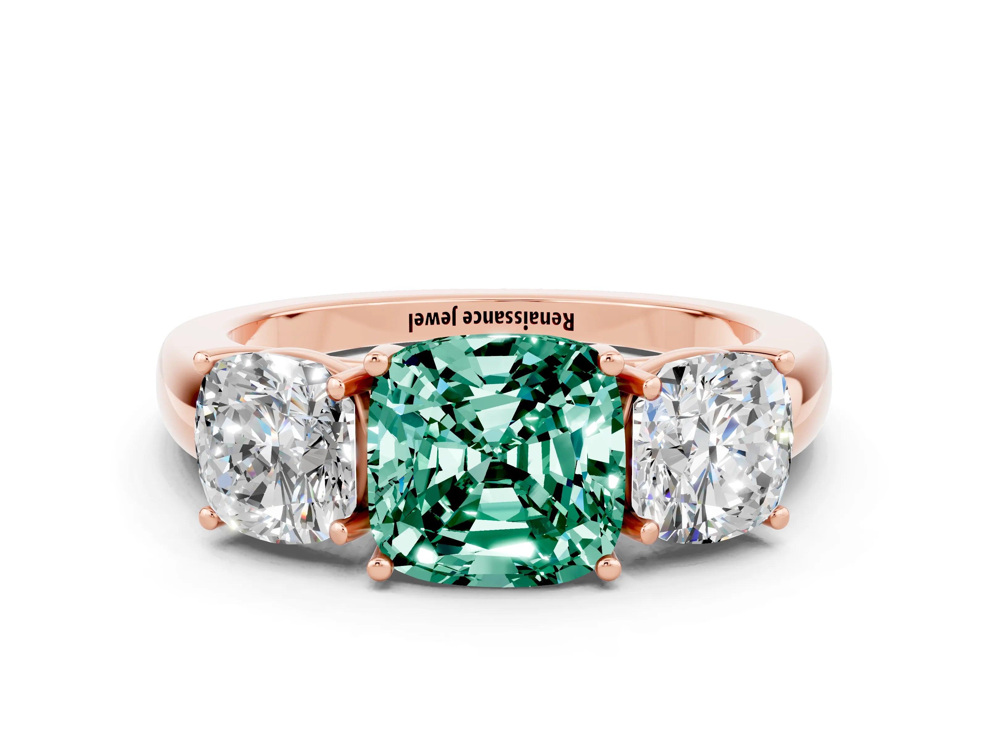 Rose gold Cushion Cut Green Sapphire Three-Stone Ring with Four-Prong Setting and Classic Band