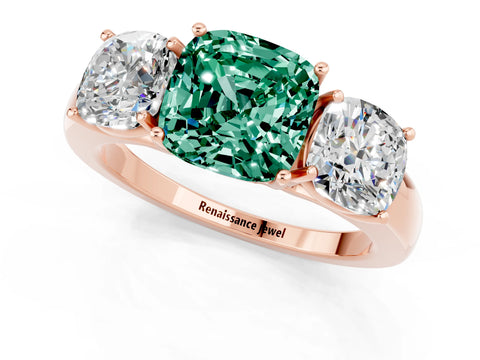 Rose gold Cushion Cut Green Sapphire Three-Stone Ring with Four-Prong Setting and Classic Band_1