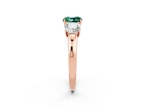 Rose gold Cushion Cut Green Sapphire Three-Stone Ring with Four-Prong Setting and Classic Band