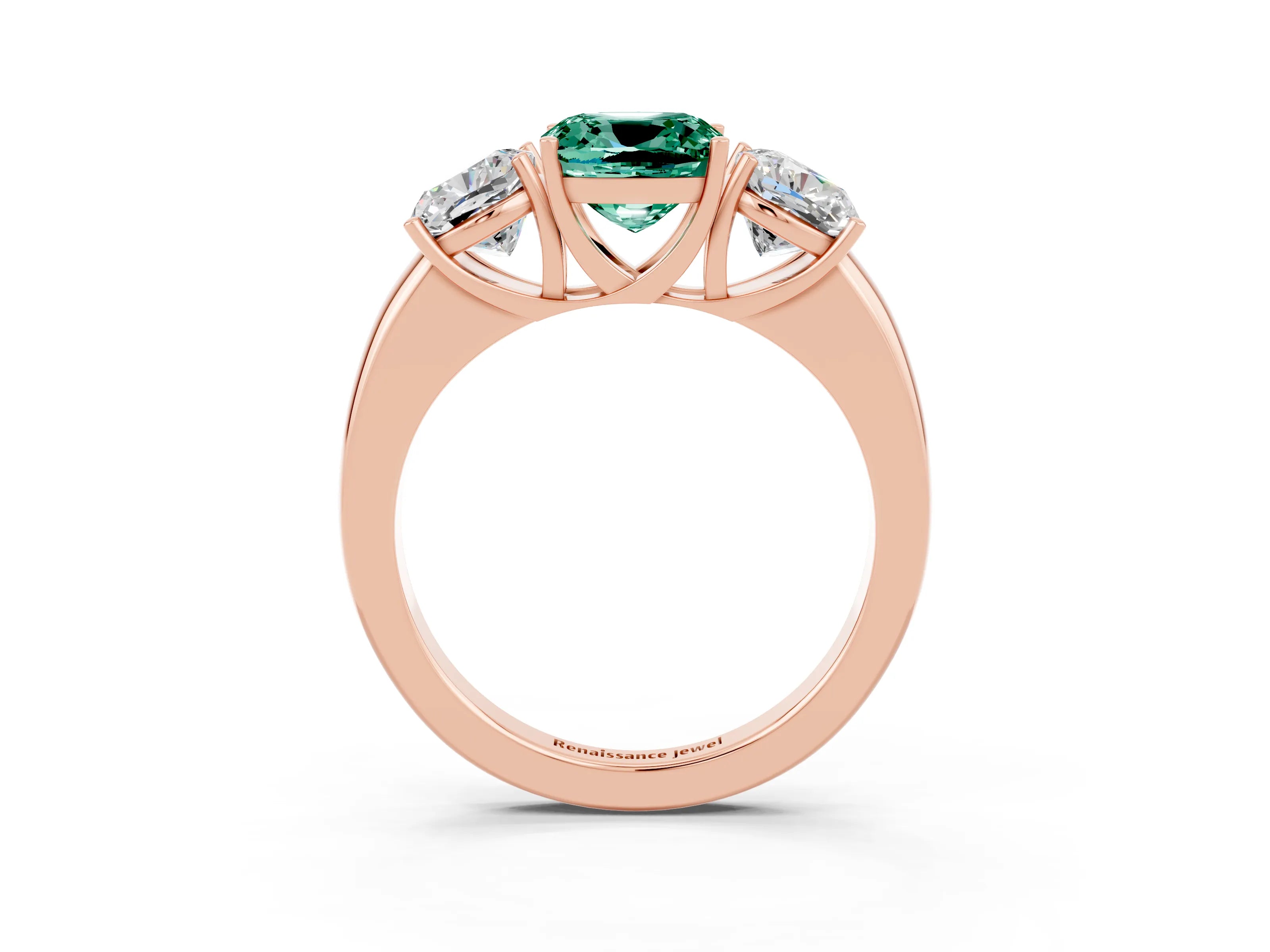 Rose gold Cushion Cut Green Sapphire Three-Stone Ring with Four-Prong Setting and Classic Band_3