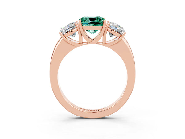 Rose gold Cushion Cut Green Sapphire Three-Stone Ring with Four-Prong Setting and Classic Band
