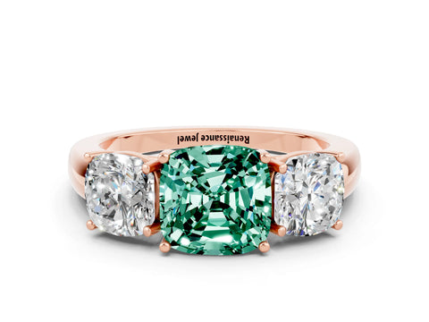 Rose gold Cushion Cut Green Sapphire Three-Stone Ring with Four-Prong Setting and Classic Band