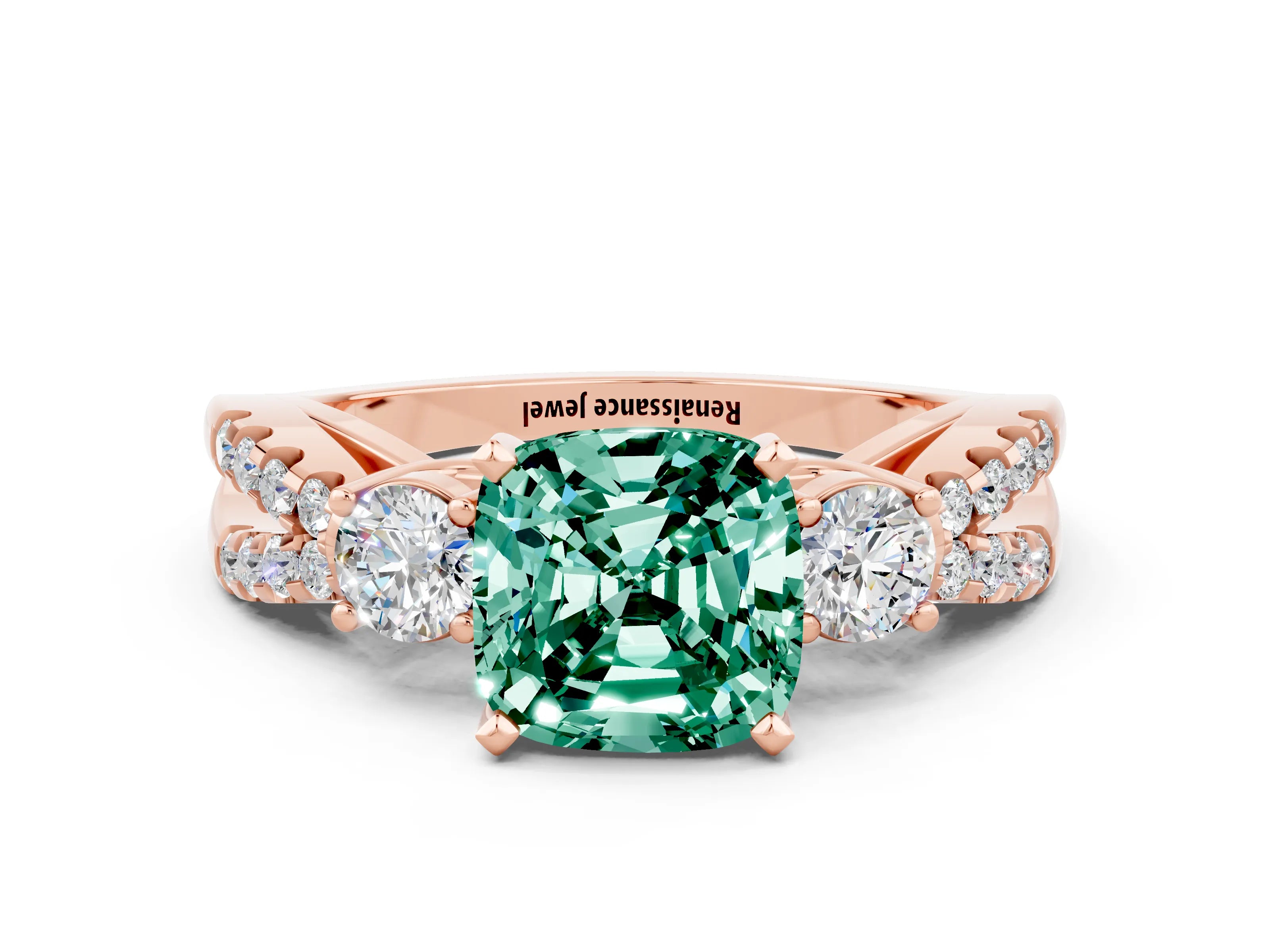 Rose gold Cushion Cut Green Sapphire Three-Stone Ring with Pavé Split Shank and Four-Prong Setting_12
