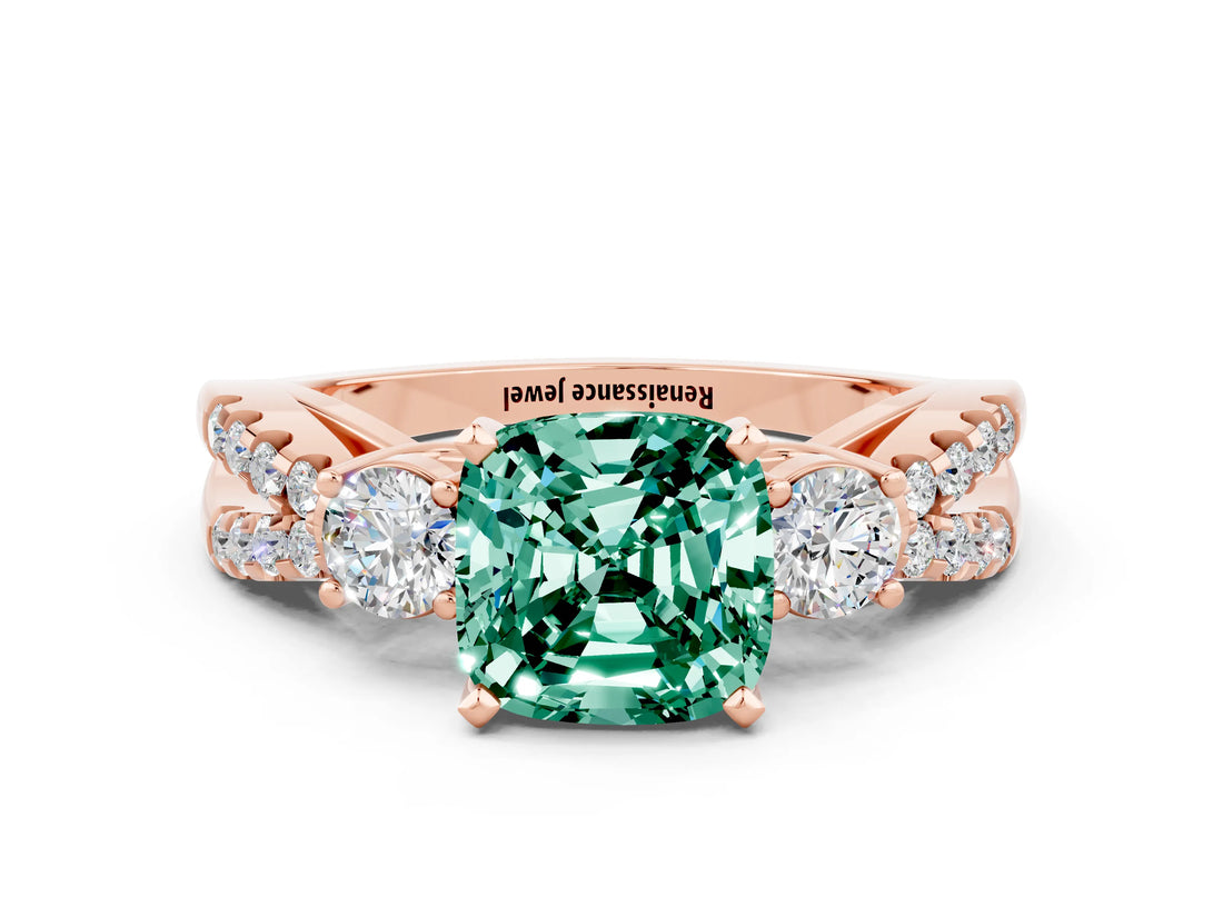 Rose gold Cushion Cut Green Sapphire Three-Stone Ring with Pavé Split Shank and Four-Prong Setting_12