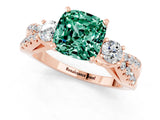 Rose gold Cushion Cut Green Sapphire Three-Stone Ring with Pavé Split Shank and Four-Prong Setting_13