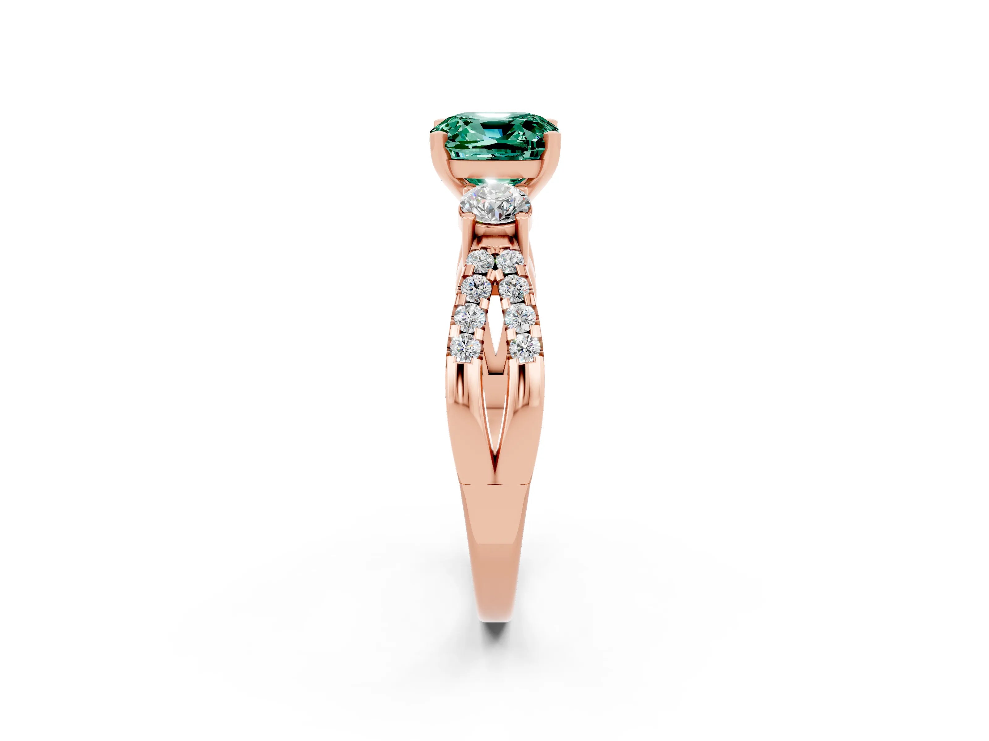 Rose gold Cushion Cut Green Sapphire Three-Stone Ring with Pavé Split Shank and Four-Prong Setting_14