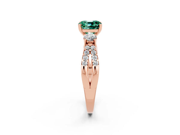 Rose gold Cushion Cut Green Sapphire Three-Stone Ring with Pavé Split Shank and Four-Prong Setting