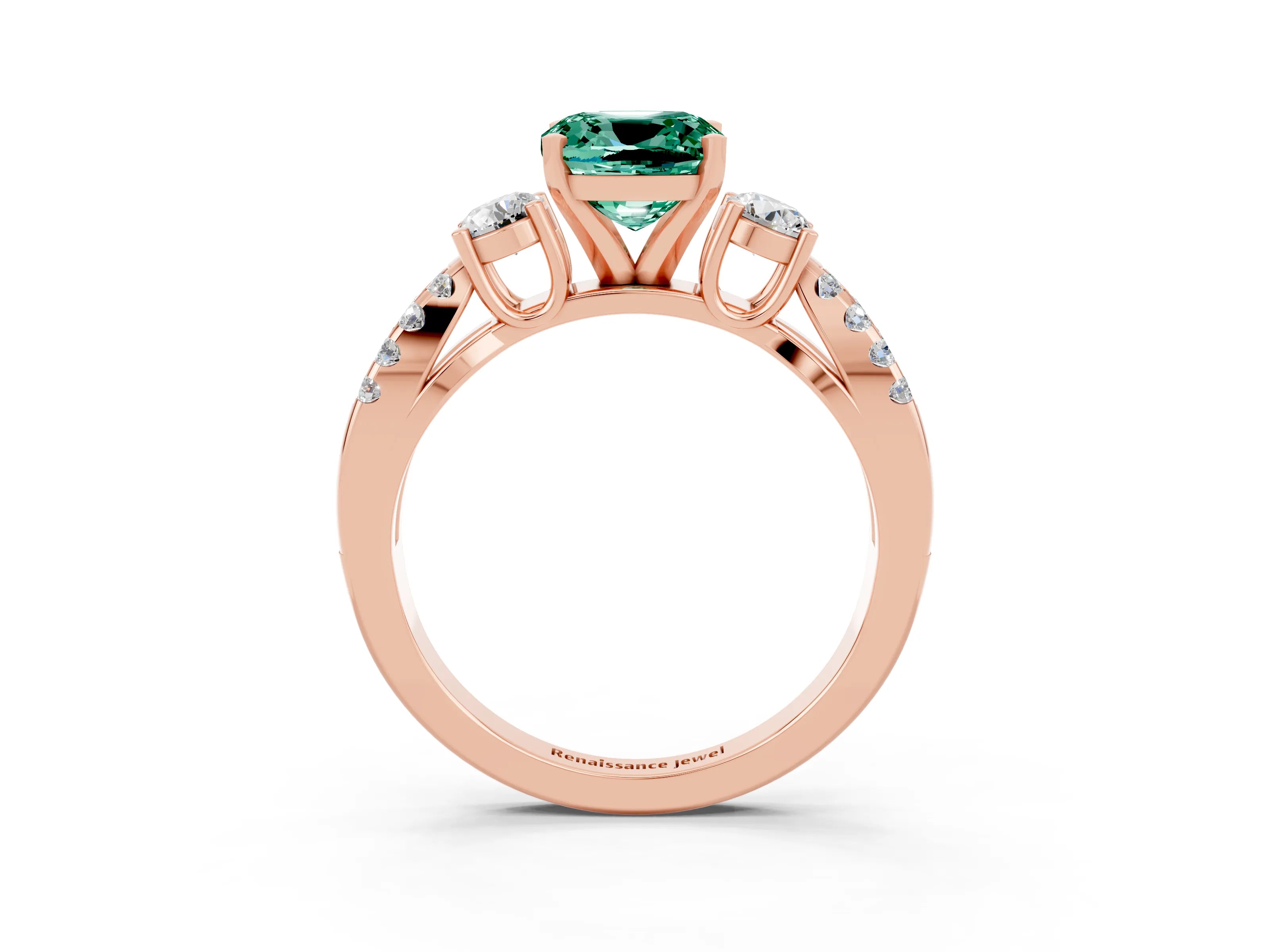 Rose gold Cushion Cut Green Sapphire Three-Stone Ring with Pavé Split Shank and Four-Prong Setting_15