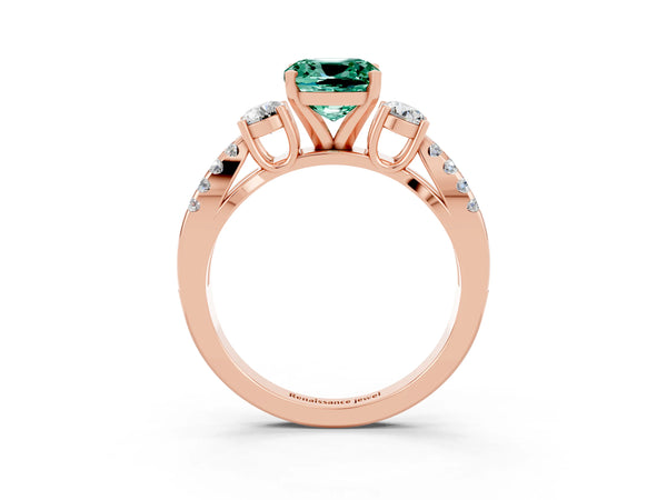 Rose gold Cushion Cut Green Sapphire Three-Stone Ring with Pavé Split Shank and Four-Prong Setting