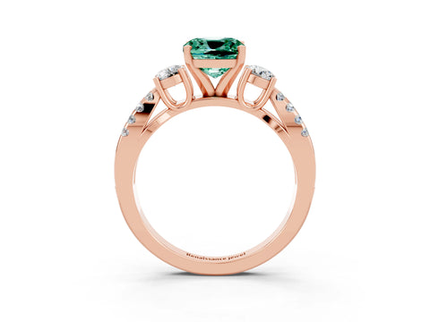 Rose gold Cushion Cut Green Sapphire Three-Stone Ring with Pavé Split Shank and Four-Prong Setting_15