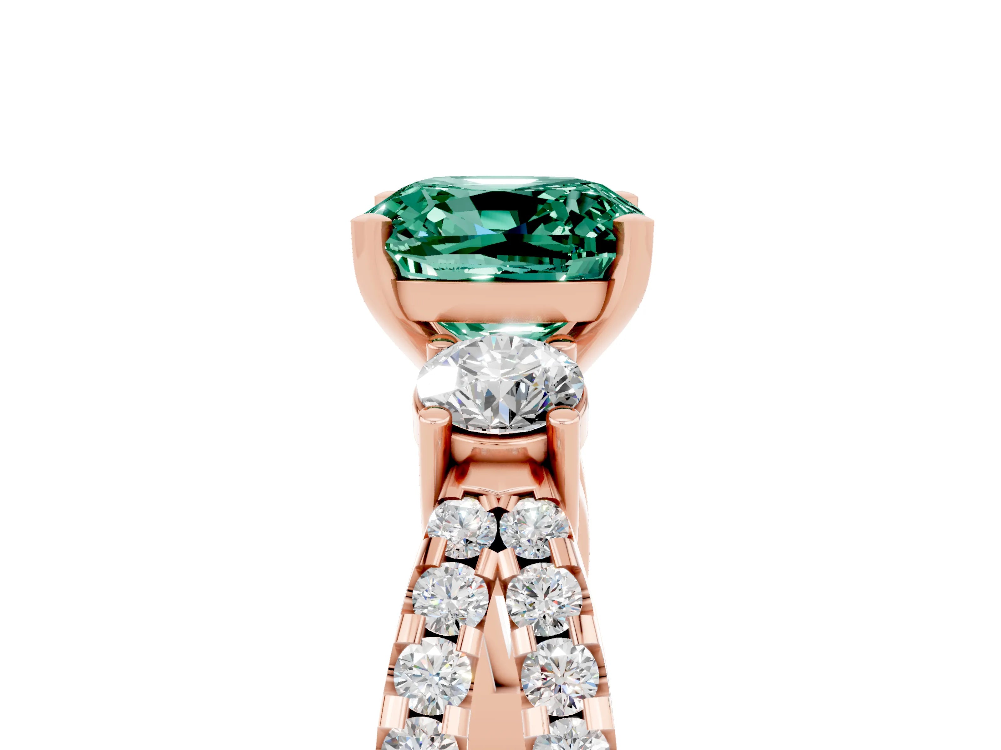 Rose gold Cushion Cut Green Sapphire Three-Stone Ring with Pavé Split Shank and Four-Prong Setting_17