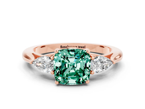 Rose gold Cushion Cut Green Sapphire Three-Stone Ring with Pear  Side Stones and Prong Setting