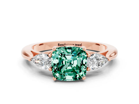 Rose gold Cushion Cut Green Sapphire Three-Stone Ring with Pear Side Stones and Four-Prong Setting_12