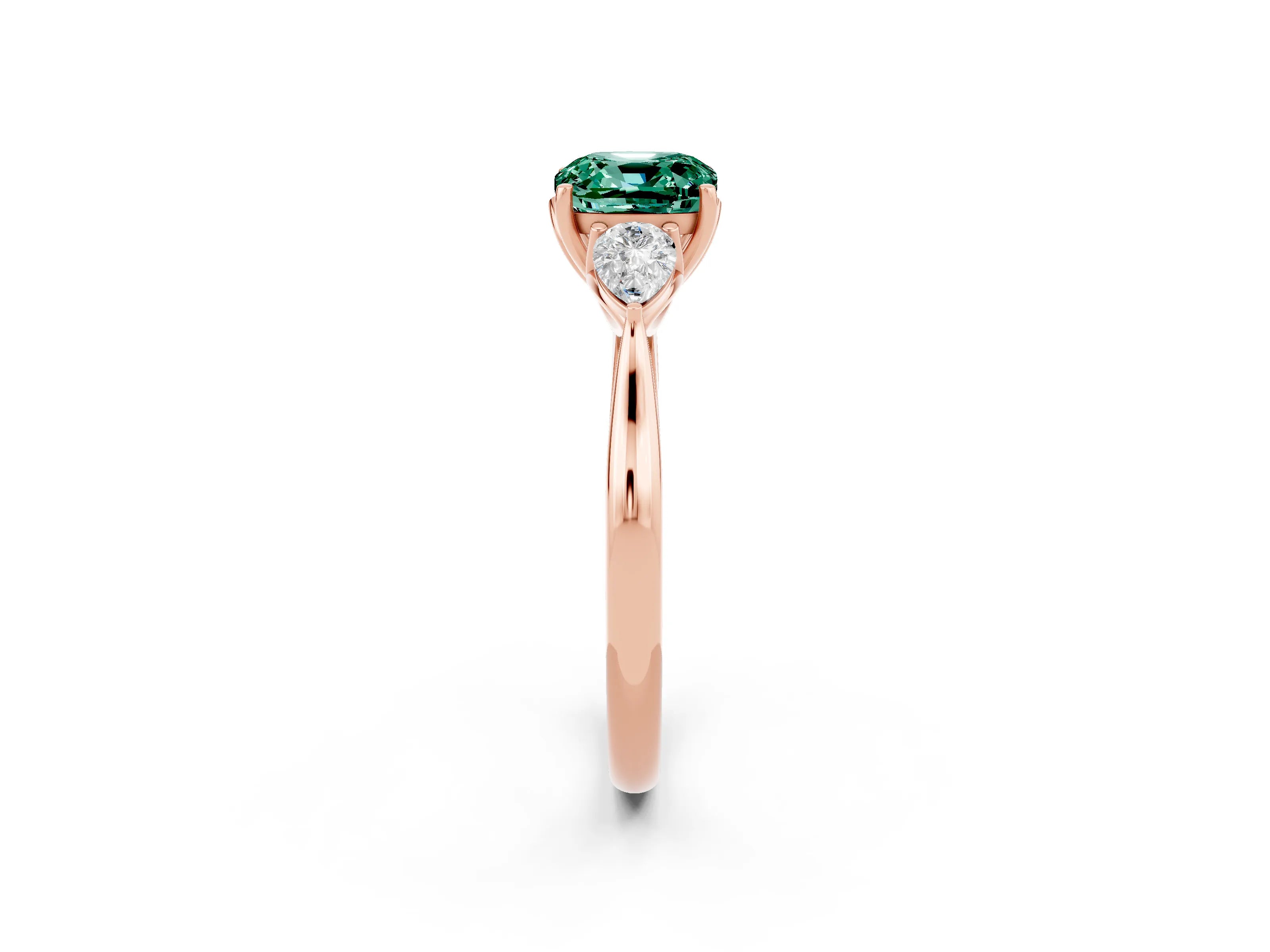 Rose gold Cushion Cut Green Sapphire Three-Stone Ring with Pear Side Stones and Four-Prong Setting_14