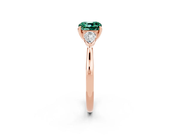 Rose gold Cushion Cut Green Sapphire Three-Stone Ring with Pear  Side Stones and Prong Setting