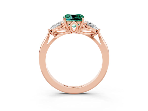 Rose gold Cushion Cut Green Sapphire Three-Stone Ring with Pear  Side Stones and Prong Setting