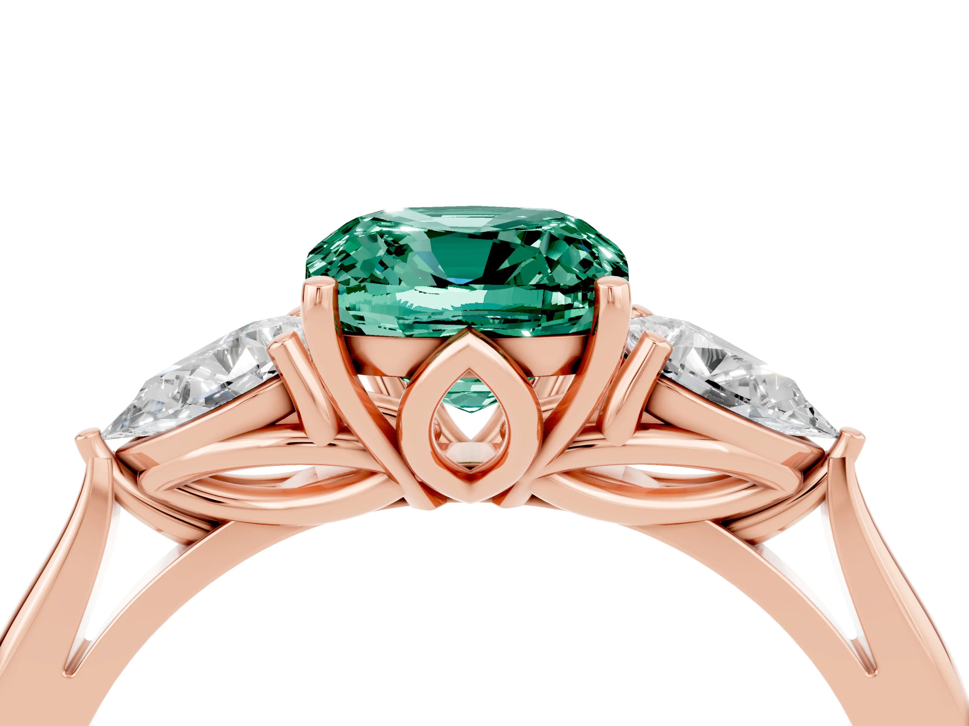 Rose gold Cushion Cut Green Sapphire Three-Stone Ring with Pear Side Stones and Four-Prong Setting_16