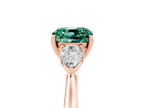 Rose gold Cushion Cut Green Sapphire Three-Stone Ring with Pear Side Stones and Four-Prong Setting_17