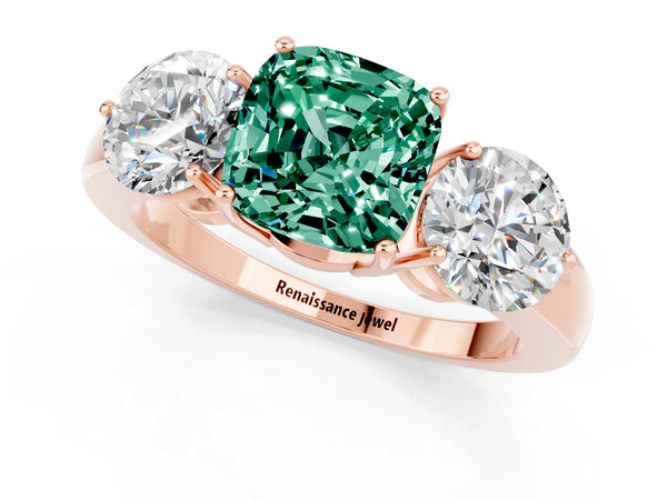 Rose gold Cushion Cut Green Sapphire Three-Stone Ring with Prong Setting and Classic Band