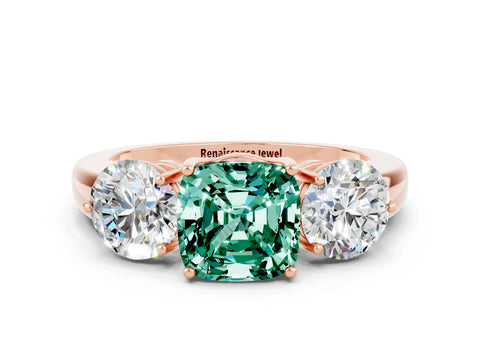 Rose gold Cushion Cut Green Sapphire Three-Stone Ring with Prong Setting and Classic Band