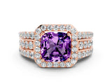 Rose gold Cushion Cut Halo Amethyst Ring with Split Shank and Four-Prong Setting
