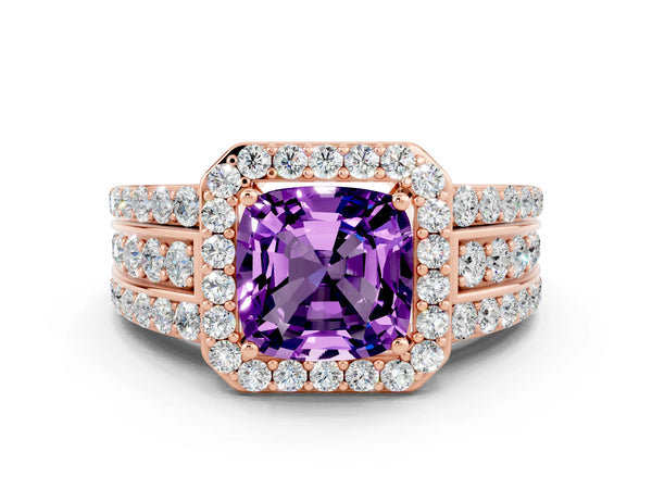 Rose gold Cushion Cut Halo Amethyst Ring with Round  Split Shank and Prong Setting