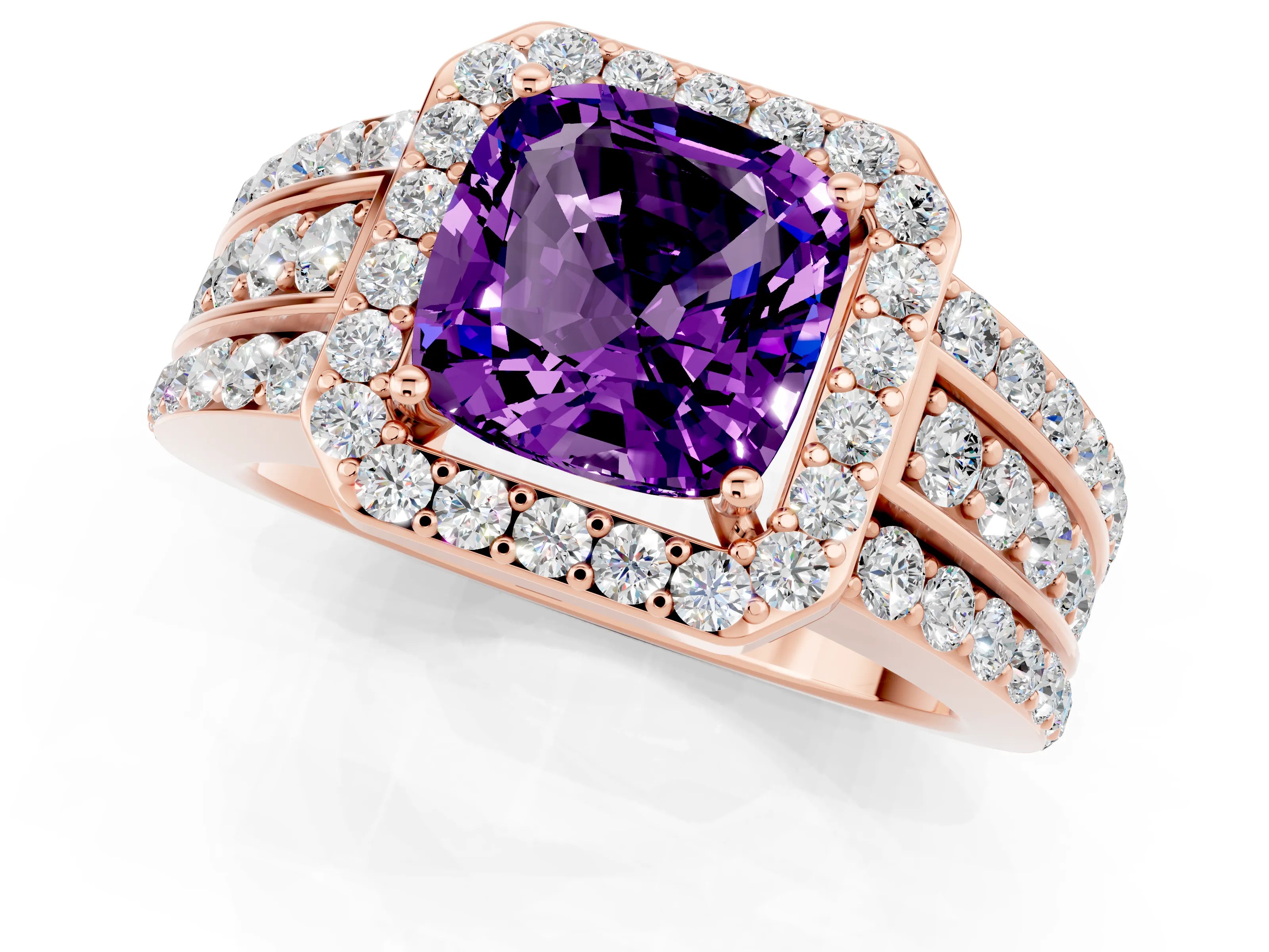 Rose gold Cushion Cut Halo Amethyst Ring with Split Shank and Four-Prong Setting_1
