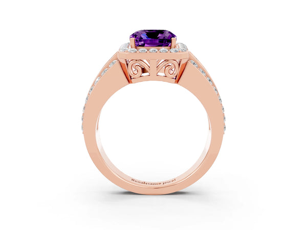 Rose gold Cushion Cut Halo Amethyst Ring with Round  Split Shank and Prong Setting