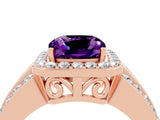 Rose gold Cushion Cut Halo Amethyst Ring with Split Shank and Four-Prong Setting_4