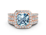 Rose gold Cushion Cut Halo Aquamarine Ring with Split Shank and Four-Prong Setting