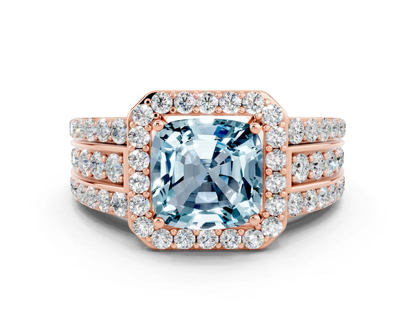 Rose gold Cushion Cut Halo Aquamarine Ring with Round  Split Shank and Prong Setting