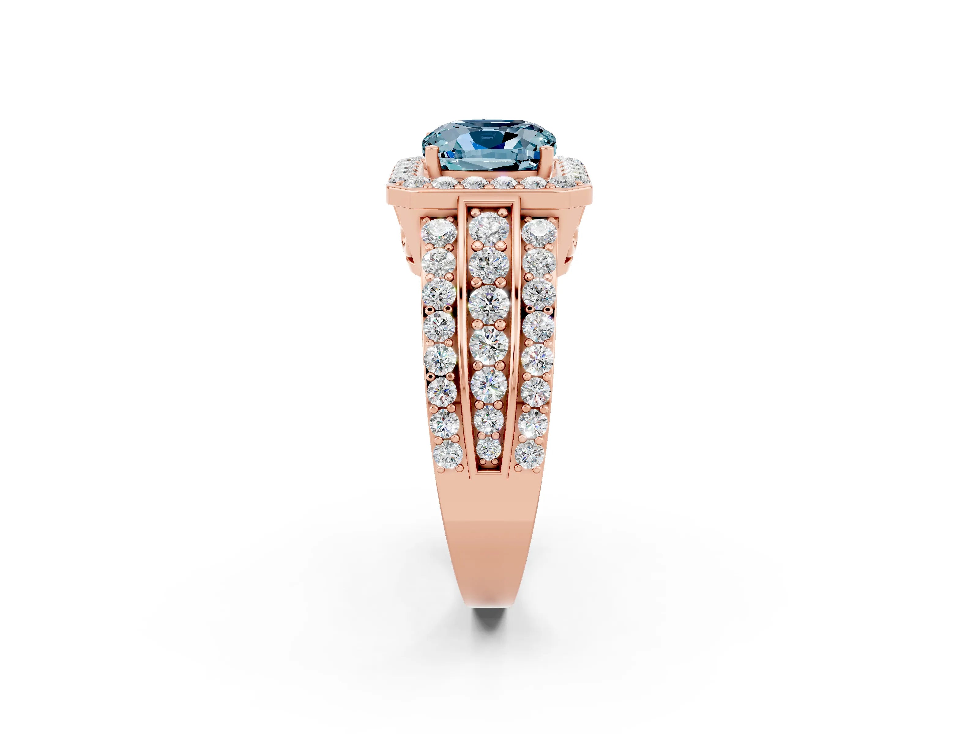 Rose gold Cushion Cut Halo Aquamarine Ring with Split Shank and Four-Prong Setting_2