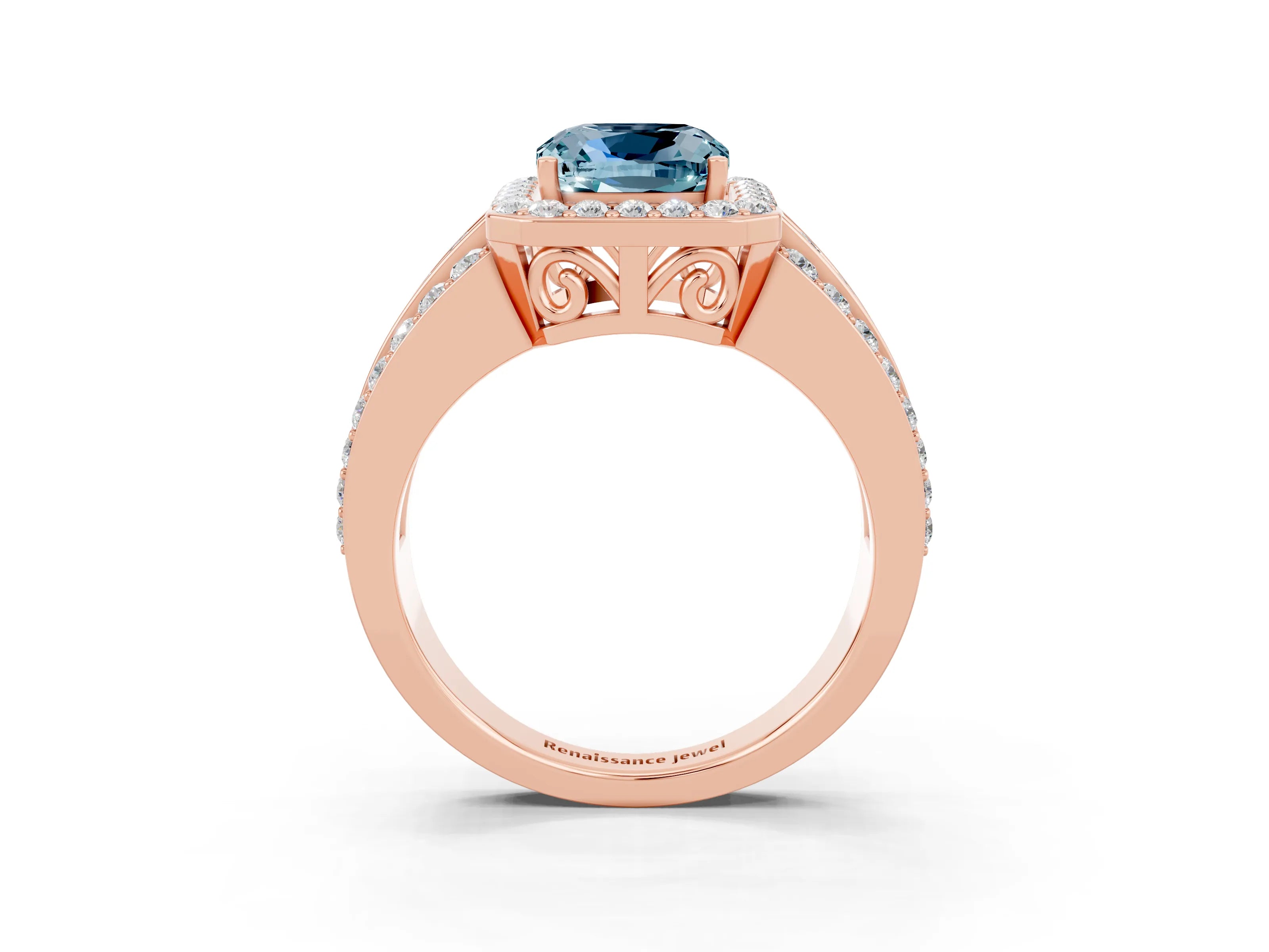 Rose gold Cushion Cut Halo Aquamarine Ring with Split Shank and Four-Prong Setting_3