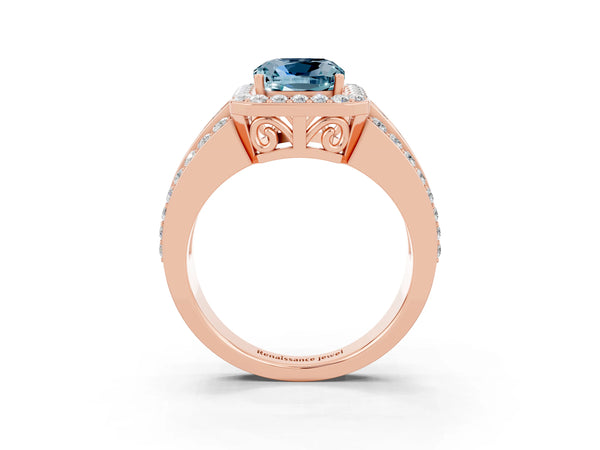 Rose gold Cushion Cut Halo Aquamarine Ring with Round  Split Shank and Prong Setting