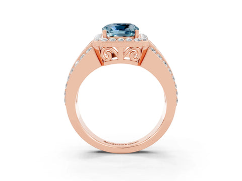 Rose gold Cushion Cut Halo Aquamarine Ring with Split Shank and Four-Prong Setting_3